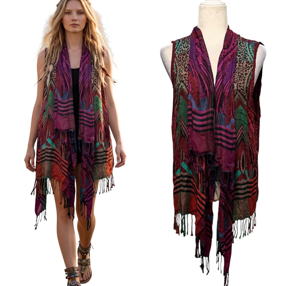 Vtg ANU Vest Women XL Multicolor Boho Mix Media Fringe Boho Festival Art to Wear